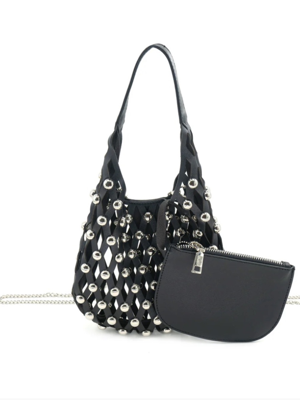 BC Bags Black Lattice Faux Leather with Silver Studded Shoulder Bag with Pouch